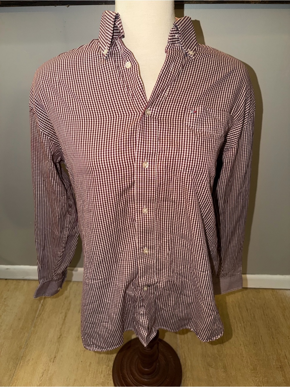 Tommy Hilfiger Men's Burgundy and White Button-Down Shirt 80’s 2 ply fabric
